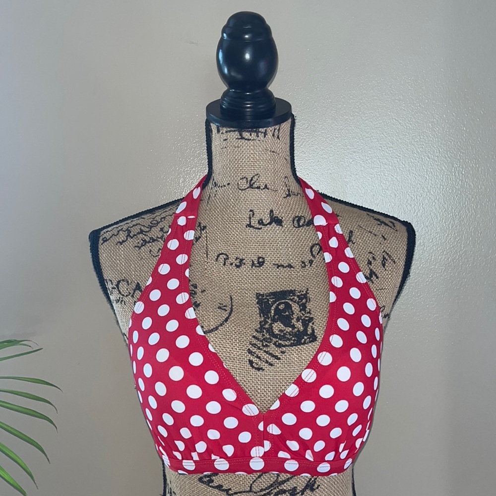 Red Polka Dot Halter Retro Bikini Top
